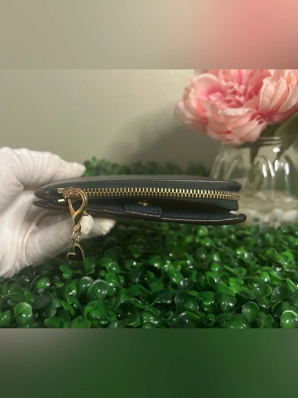 Furla Green Saffiano Leather Compact Bifold Wallet Zip Coin Purse Gold Hardware